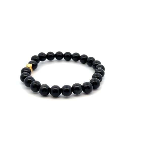 24K Gold Money Bag Lucky Charm Bracelet Gemstones Natural Obsidian 8mm Size 7" - Picture 3 of 4